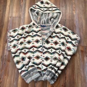 Wonder Lust Hooded Poncho S/M Aztec Boho Hippie Open Front Button Soft Southwest